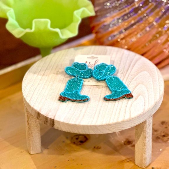 Beaded Cowboy Hat and Boot Earrings - Turquoise - Picture 2 of 5